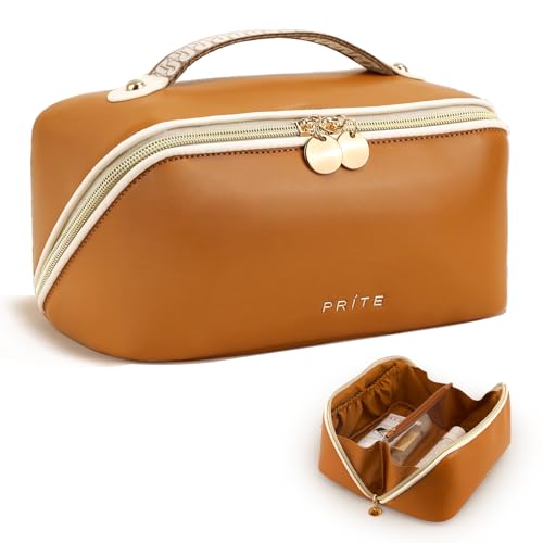 Prite Travel Cosmetic Bag Makeup Organizer Bag For Women Large Capacity Waterproof PU Leather Toiletry Bag with Jacquard Ribbon Handle and Clear Divider(New Brown) New Brown Medium