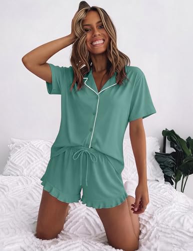Image of Ekouaer Womens Pajama Sets Button Down Short Sleeve Top and Shorts Cute Ruffled Pjs Sets Sleepwear