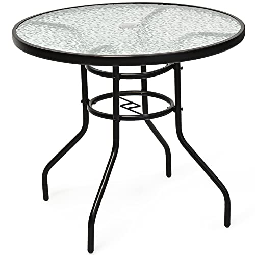COSTWAY Garden Dining Table, Tempered Glass Top Coffee Tables with Parasol Hole, Metal Frame Patio Bistro End Side Table for Indoor Outdoor, Holds up tp 80kg/50kg (Round, 80x80x72cm)
