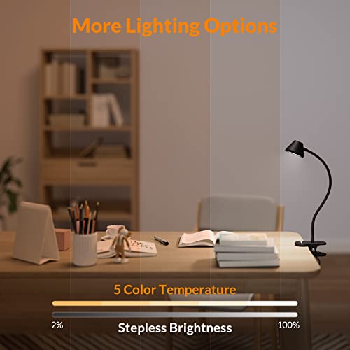 Clip on Reading Light for Bed, 5 Color Temperatures, Dimmable, Timer Setting, Black