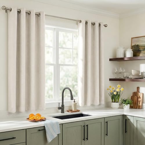 Image of 100% Blackout Shield Linen Blackout Curtains for Bedroom 45 Inches Long, Beige Grommet Curtains for Living Room, Thermal Insulated Room Darkening Drapes for Nursery, 40 inch W x 45 inch L, 2 Panels