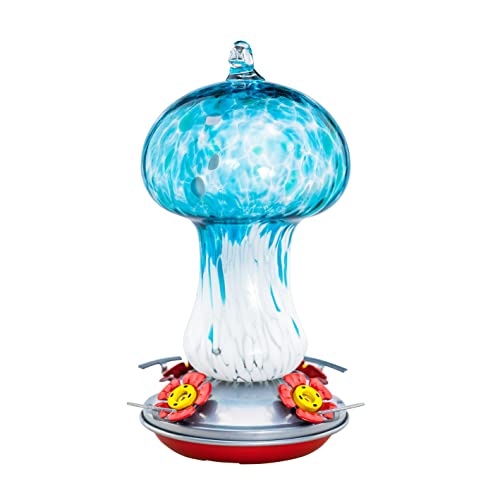 Muse Garden Gifts for Women Hummingbird Feeders for Outdoors Hanging Ant and Bee Proof, Blown Glass Hummingbird Feeder with Ant Moat, Christmas Gardening Gifts for Women Mom, 28OZ, Blue Mushroom