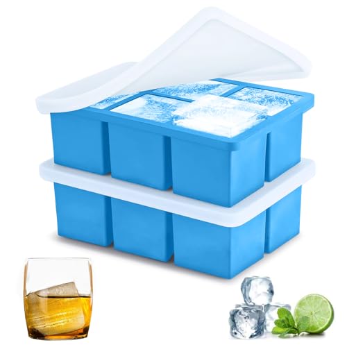 Image of iNeibo® Big ice Cube Tray Baby Food Freezer Trays - Large ice Cube Trays Silicone - Make 6 Pieces 2 Inch Ice Cube Mold for Whiskey，Drinking,Make Fun for ice Cube Tray with lid (Blue-lid, 2pack)