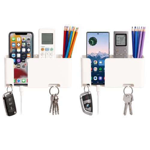 Image of Mobile & Remote Wall Holder | ABS Wall Mount Stand with 3 Compartments for Phone, Remotes & Pens | 2 Key Hooks | No-Drill Mount with Strong Double-Sided Sticker (Milky White) (Pack of 2)