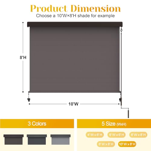 Outdoor Roller Shade for Patio with Aluminum Valance, (10\'W X 8\'H) 420GSM New Material Patio Blinds with 95% UV Blockout, Outdoor Blinds with Crank Handle for Shading, Privacy Protection, Brown - Thumbnail 7