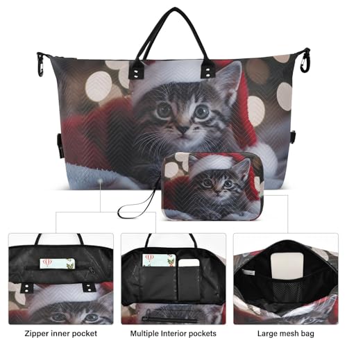 Cat Christmas Hat Cute Duffle Bag for Travel, Gym Bag with Multiple Interior Pockets for Men Women Overnight Purse Included 20.5 x 1.9 x 13.8 In2