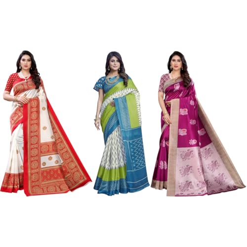Lot de 3 saris en soie synthétique imprimée Yashika avec chemisier pour femme