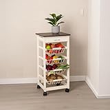 Couleur du produit : blanc Chariot de cuisine Chef Vida à 4 niveaux, paniers de rangement, tiroir, pin, blanc et noir, 81 x 37 x 37 cm