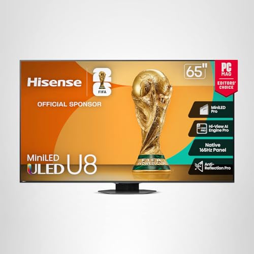 Hisense 65" Class U8 Mini-LED ULED 4K UHD Google Smart TV (65U8QG, 2025 Model) - QLED, Native 165Hz, VRR 288, Up to LD5600, 5000 Nits, HDR10+, Dolby Vision IQ &middot; Atmos, IMAX Enhanced, 4.1.2 Ch Audio