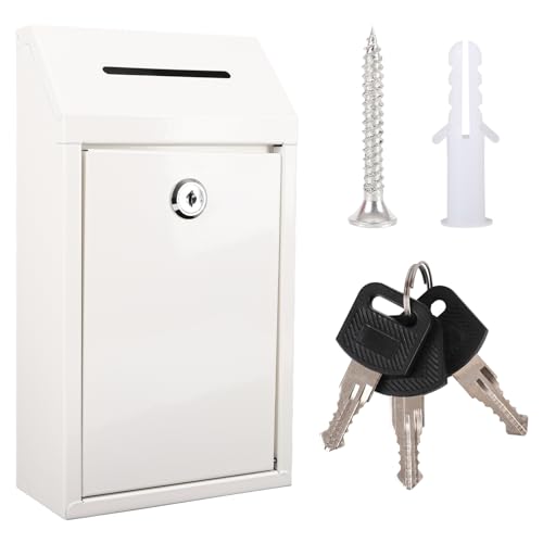 Metal Donation Box with Lock Ballot Box Drop Box with Lock Suggestion Box with Slot and Locks Metal Locks Boxs Comment Box Voting Box Key Drop Box for Home Office(White 10.24 x 5.71 x 2.95 Inch)