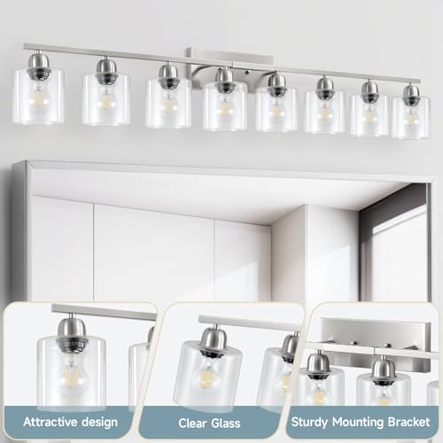 Image of Modern Brushed Nickel 8 Light Bathroom Light Fixtures,52 inch Vanity Lights for Bathroom with Clear Glass, Bathroom Light Fixture for Mirror Kitchen Living Room Hallway Cabinet Porch
