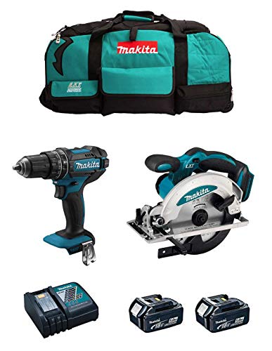 Makita Kit Mk203 (Trapano A Percussione Dhp482 + Sega Circolare Dss610 + 2 Batterie 5,0 Ah + Caricabatterie + Lxt600)
