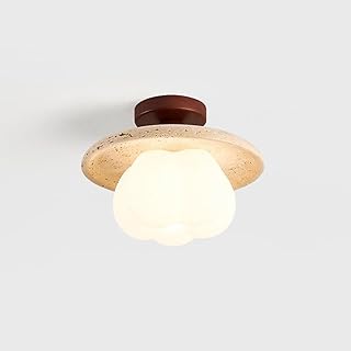 Wabi-Sabi Stone Ceiling Light with Wood Base, Japanese Style Yellow Travertine, G9 Socket Farmhouse Vintage Close to Ceiling Light Fixtures for Bedroom Hallw