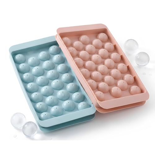 Stampo Ghiaccio a Sfera, 2 Pezzi Stampini per Cubetti Ghiaccio con Coperchio, Formine per Ghiaccio Rotondo in Plastica PP, Mini Sfere di Ghiaccio per Cocktail e Whisky, Blu e Rosa, 16.5x10x2cm