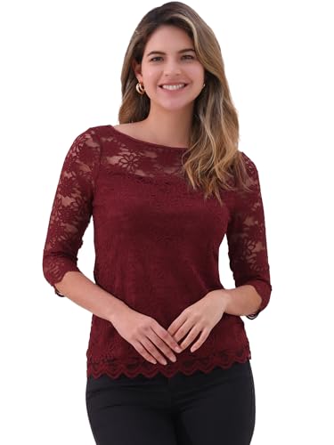 Haut en dentelle florale chic femme rouge foncé à col rond et manches 3/4 L
