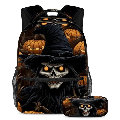 Cartable épouvantail d'Halloween avec sa trousse assortie multicolore pour élèves