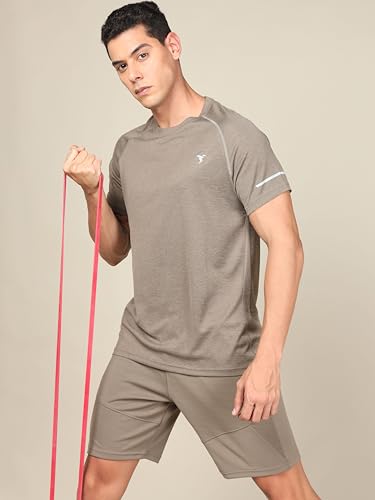 Image of TECHNOSPORT Men's Melange Slim Fit Round Neck T-Shirt Double Cool Raglan Sleeve Slip On Polyester for Gym Running Workout UPF50+ Anti Odour