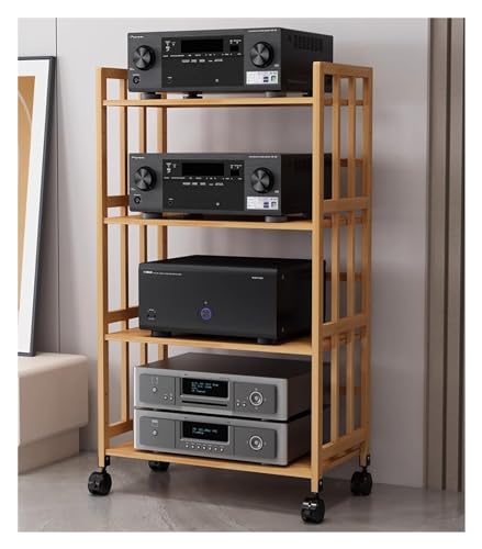2 3 4 5 Tier Stereo Rack System Cabinet with Height-Adjustable Shelf & Wheels, Bamboo Heavy Duty AV Media Stand Shelf Entertainment Stereo Components Organizer ( Color : 4 tier-123CM , Size : W-70CM )