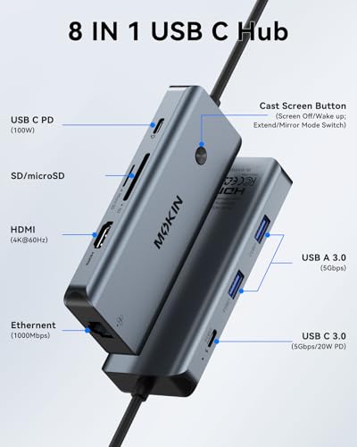 USB C Hub for MacBook Pro/Air,Mac Dongle with 3 USB Port,USB C to HDMI, USB C to RJ45 Ethernet,MOKiN 8 in 1 USB C to HDMI Adapter,100W PD Charging,