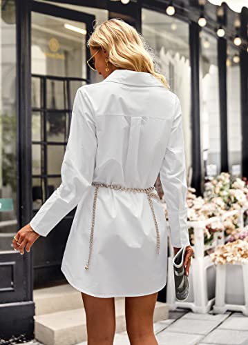 Kaywide Women's Shirt Dress Long Sleeve V Neck Button Down Tunic Mini Dresses With Pockets Solid Color Blouse Tops(White,S) #TOP2