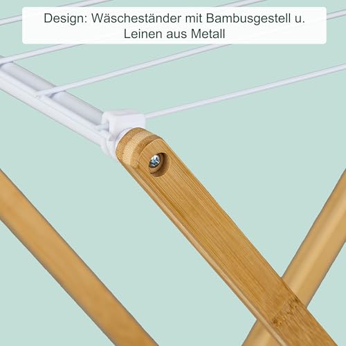 Relaxdays Wäscheständer, klappbar, 8 Stangen, HxBxT: 77 x 79 x 49 cm, Bambus, Metall, Standwäschetrockner, Natur/weiß