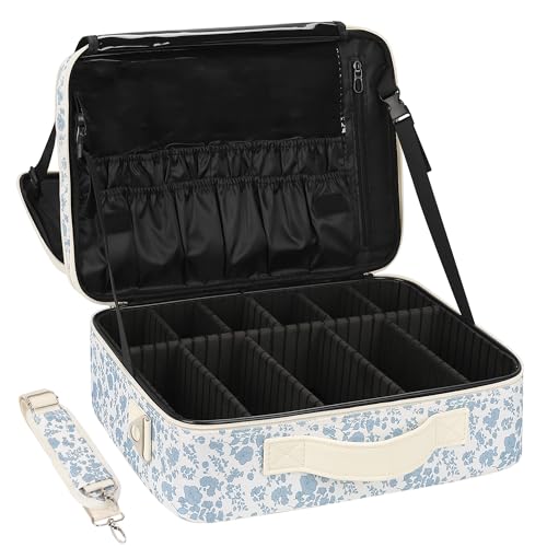 Image of Relavel Large Makeup Bag, Floral Cosmetic Bag for Women, Professional Travel Train Case Portable Makeup Artist Bag Make Up Storage Organizer Box with Adjustable Dividers and Makeup Brush Compartment