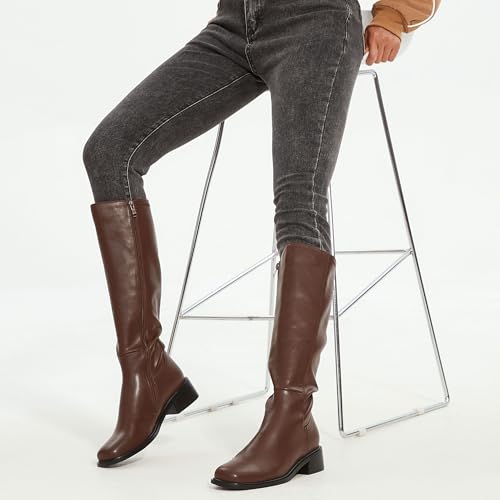 Image of QIY Knee High Boots for Women Low Heel Flat Tall Boots | Stretch Boots, Chunky Heel Womens Boots, Square Toe Heeled Fall Winter Dress Riding Long Boot with Side Zipper
