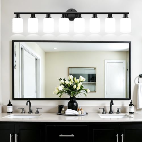 Image of Zarbitta 8-Light Bathroom Light Fixtures, Black Modern Vanity Lights with Milky White Frosted Glass Shades, Bathroom Wall Lamp for Mirror, Living Room, Hallway, Kitchen, Cabinet, Porch