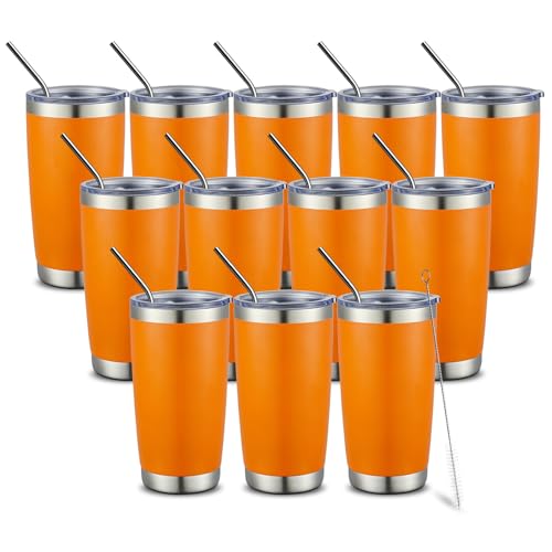 COMOOO 20oz Double Wall Vacuum Insulated Travel Mug Bulk Stainless Steel Tumbler with Lid and Straw Durable Powder Coated Insulated Coffee Cup for Cold & Hot Drinks (Orange, 12 pack by COMOOO - Used condition - US$45.07