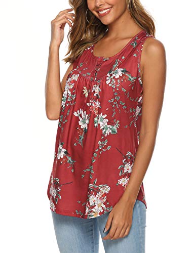 Famulily Maternity Shirts For Women Sleeveless Henley Prints Pleats Causal Loose Fit Flowy Summer Home Daily Floral Tanks Tops Wine Xl #TOP1