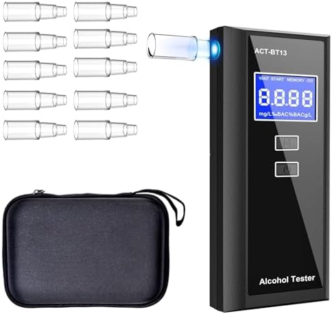 Swetfela Alkoholtester mit 10 Mundstücken Tragetaschee | Präziser Tragbarer Alkotester, Digitales LCD Alkoholmessgerät, 50 Speicherplätze für Auto & Privat