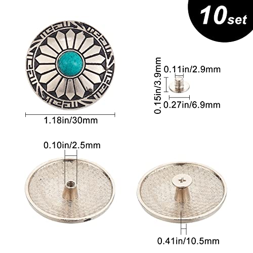 GORGECRAFT 10Pcs 1-Hole Turquoise Buttons Western Conchos Screw Back Round Metal Decorative Conchos Flat Round With Sunflowers Pattern For Diy Luggage And Hardware Accessories - Image 2