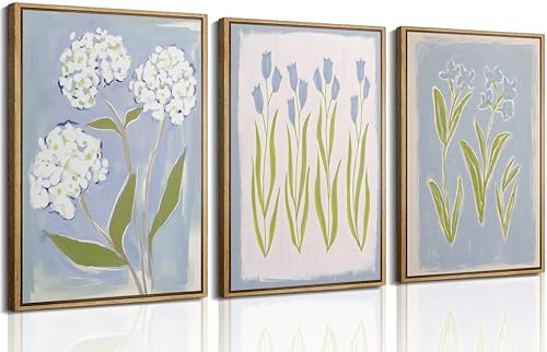 3Pcs Blue Green Tulip Hydrangea Flower Wall Art Flowers Plant Aesthetics Painting Picture Decor Elegant Preppy Poster Print Artwork for Living Room Gallery Bedroom Dorm Home Decoration