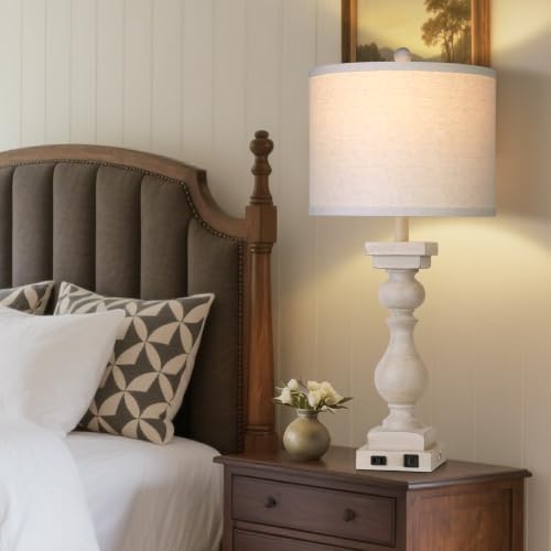 MOUVOVO 28" Tall Farmhouse Table Lamps Set of 2 with USB A+C Ports and AC Outlet, 3 Way Touch Rustic Bedside Lamps for Living Room, Beige Vintage Lamps for Bedroom by MOUVOVO - Used condition - Image 9