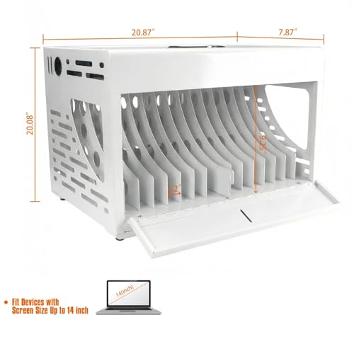 Image of 16 Unit Laptop Charging Station, Locking Charging Cabinet with Interior Steel Dividers & Power Strip, Metal Charging Organizer with Dual Installation Options for Classroom & Office, White