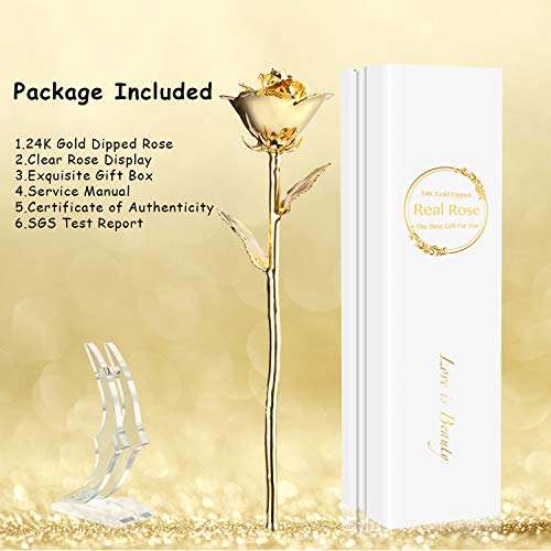 Image of 24K Golden Rose, Gold Dipped Rose Made from Real Rose Best Gifts for her and Great Gifts for My Wife, Golden with Stand