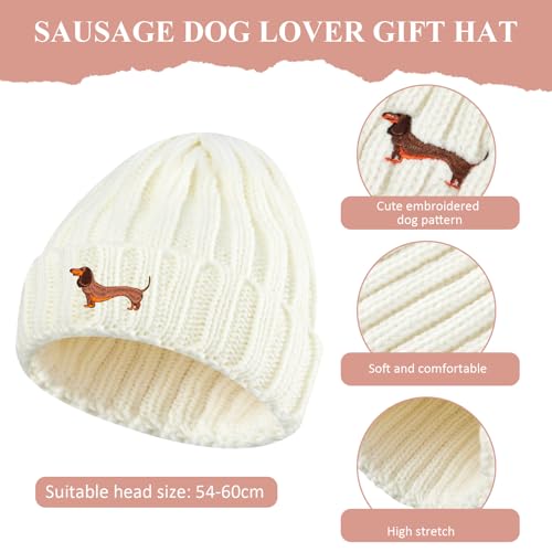 Geyoga Damen Mütze Schal Handschuhe Set Dackel Geschenke Hundeliebhaber Geschenke für Damen Handschuhe Warmer Langer Schal Weiche Strick Dackel Mütze Dachshund Geschenke für Kaltes Wetter(Weiß)