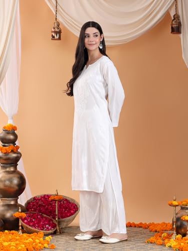 Image of POSHAK CHIKAN STUDIO Women's Hand Embroidered Lucknowi Chikankari Rayon Co-ord Set