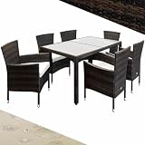 CASARIA® Polyrattan Gartenmöbel Set 7 teilig Stühle stapelbar inkl. 7cm Auflagen 150x90cm Gartentisch Terrasse Balkon Möbel Sitzgruppe Essgruppe Braun