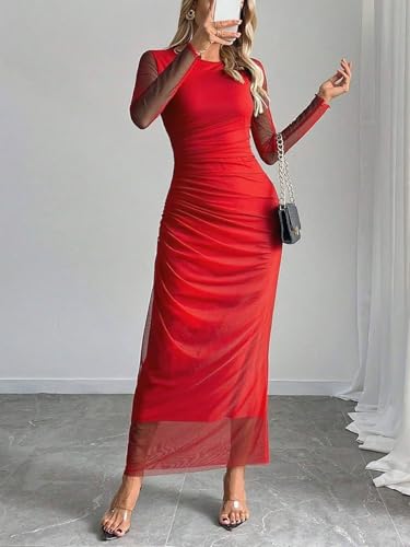 Image of Womens Long Sleeve Maxi Dress Mesh Bodycon Spring Fall Formal Wedding Guest | Tie Dye Ruched Night Out Cocktail Party Long Dresses