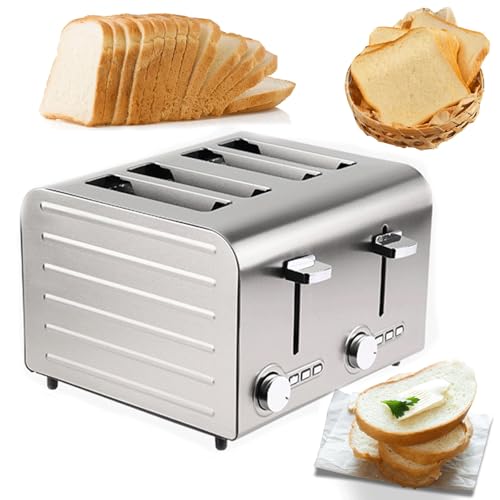 Fully Automatic Toaster, 4 Slice Auto Pop-up Stainless Steel Toaster with 7 Levels Adjustment and 3 Functions, 3.8Cm Independent & Extra Wide Slots, for Home, Store, Hotel