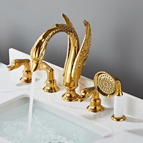 5 Hole Bath Tap Set with Shower Head Gooseneck 2 Mode Deck Mount Bath Shower Mixer Tap Copper,Gold