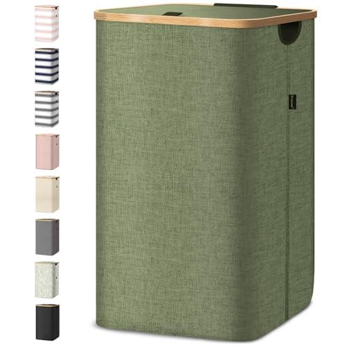 BALEINE Laundry Hamper with Lid, Tall Laundry Baskets with Bamboo Pull Handles, Large Laundry Bin with Internal Support (26 Gal/100L, Green) 100 liters Green
