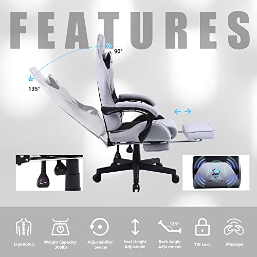 Dowinx Gaming Chair Fabric with Coil Spring Cushion, Ergonomic Game Chair for Adults with Footrest and Massage Lumbar Support, Cloth Computer Office Chair 350LBS, Black Grey by Dowinx - Image 3