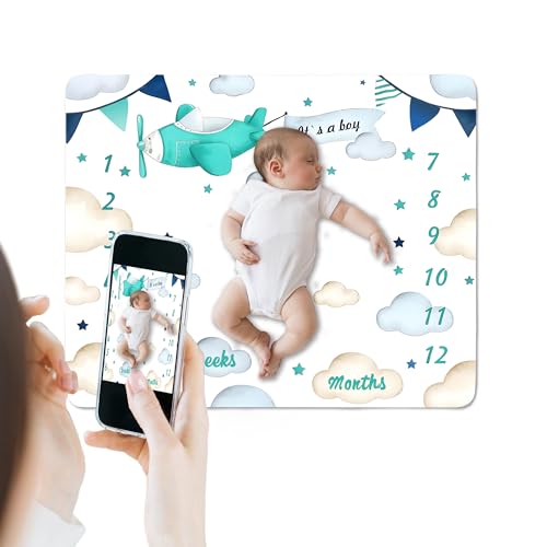 Image of Airplane Theme Baby Monthly Milestone Blanket for Boys, Soft Flannel Aircraft Pilot Cloud Stars Pattern Photography Prop Baby Shower Age Newborn Mom Gifts Nursery Decor (Turquoise, 48x40in)