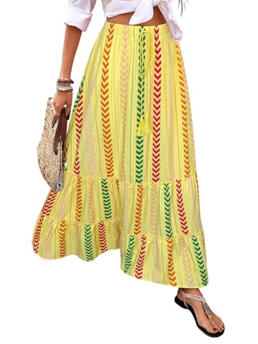 EARKOHA 2025 Women's Striped Pleated A-Line Maxi Skirt Casual Summer Boho Flowy Skirt Beach Vacation Outfits Yellow S