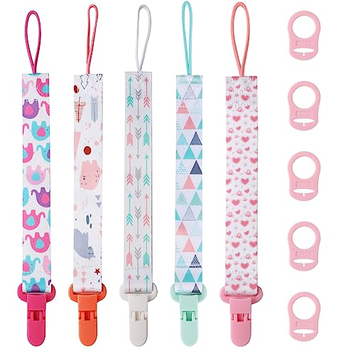 Schnullerkette Mädchen, 5er Baby Schnullerband Stoff mit 5er Silikonring, Schnullerketten mit Clips, Personalisiert Nuckelketten für Schnur Lätzchen Dreieckstuch Schnuller (Rosa)