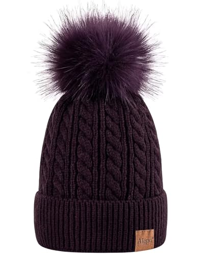 Alepo Womens Winter Beanie Hat, Warm Fleece Lined Knitted Soft Ski Cuff Cap with Pom Pom(Dark Purple)