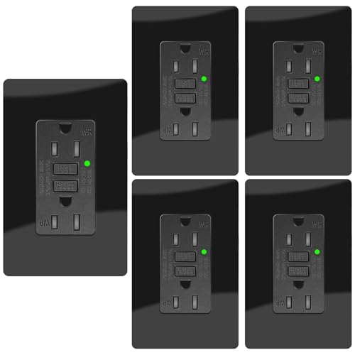15A Black GFCI Outlet, TR &amp; WR Ground Fault Protector with LED Indicator, Tamper &amp; Weather Resistant GFI Electrical Receptacle, ETL Listed, Wallplate Included, 5 Pack