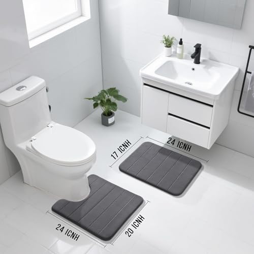 Image of Yimobra U-Shaped Toilet Bath Mat Set 2 Piece - Soft Absorbent Quick Dry Memory Foam Bathroom Rugs, Machine Washable Non Slip Floor Carpet for Tub Shower & Single Sink (17x24 & 24x20, Dark Gray)